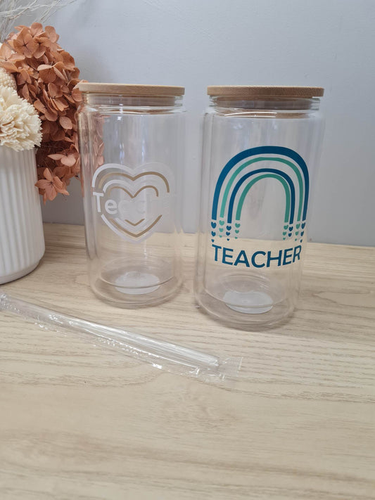 DISPLAY -Teacher Rainbow Glass Can with Lid and Straw
