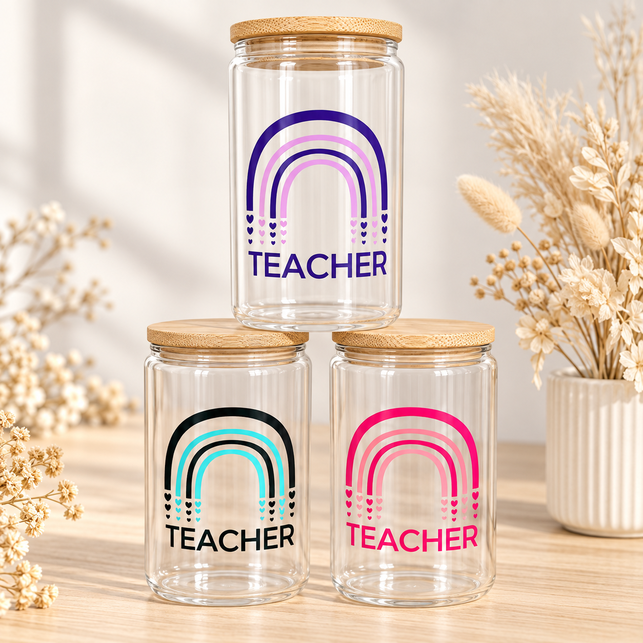 Personalised Rainbow Glass Can with Lid & Straw