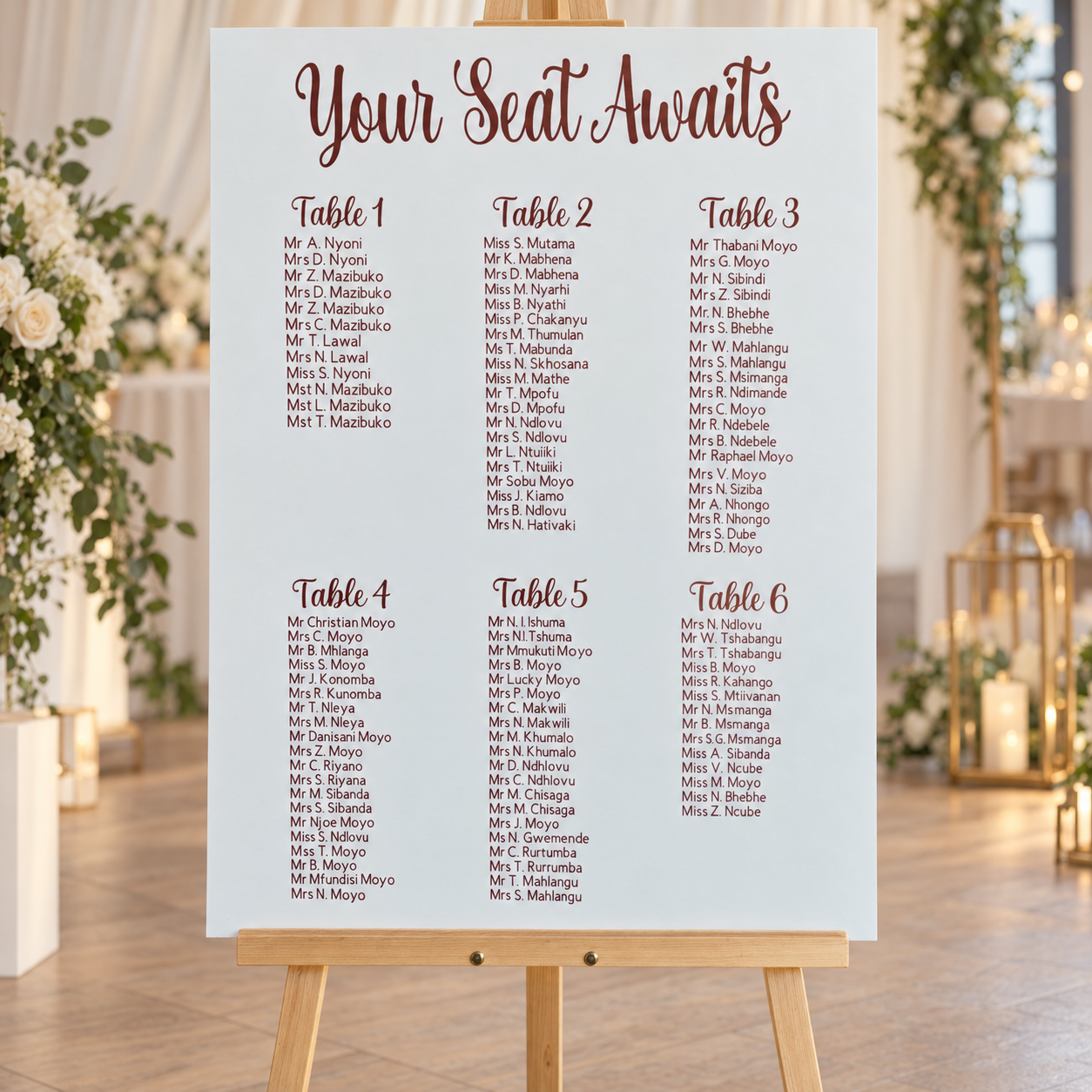 Your Seat Awaits – Six Table Seating Chart