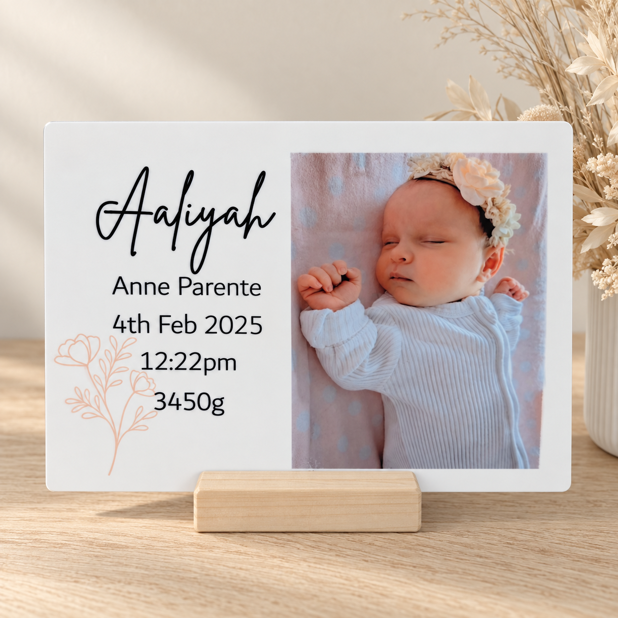 Personalised Floral Baby Birth Details Photo Plaque