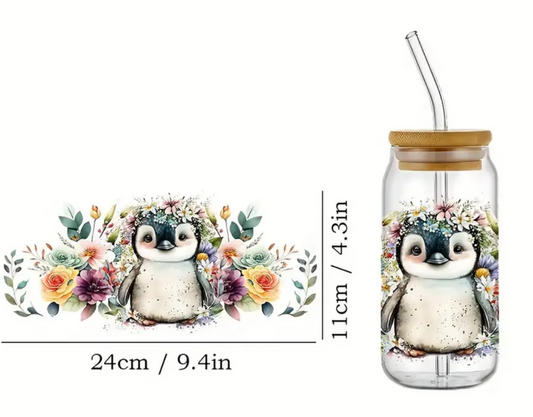 Penguin Glass Can with Lid and Straw