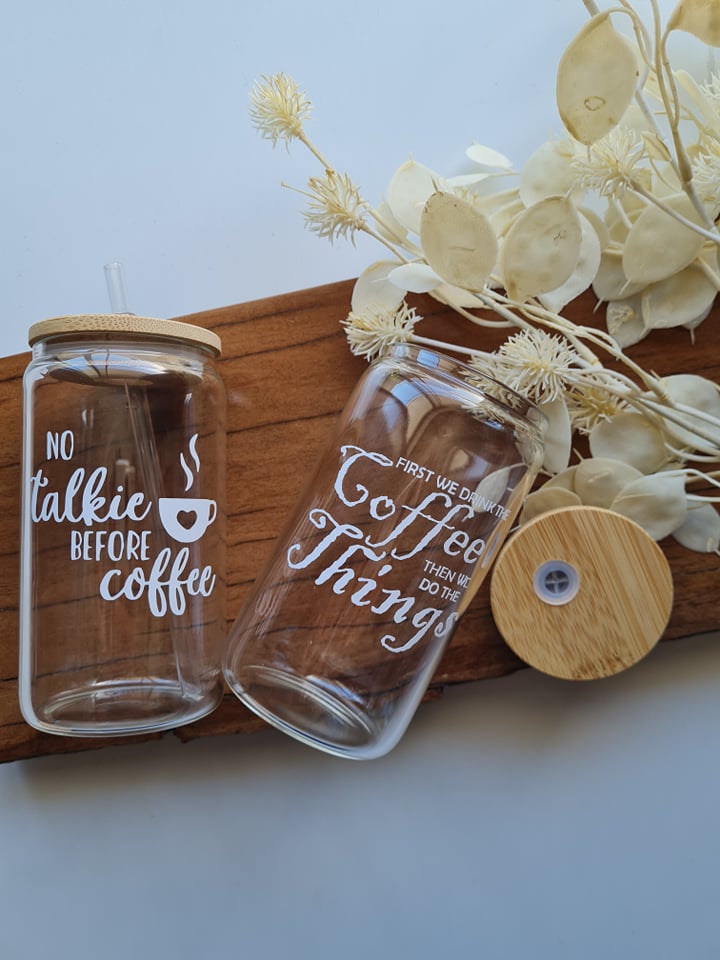 No Talkie Before Coffees Glass Can with Lid and Straw