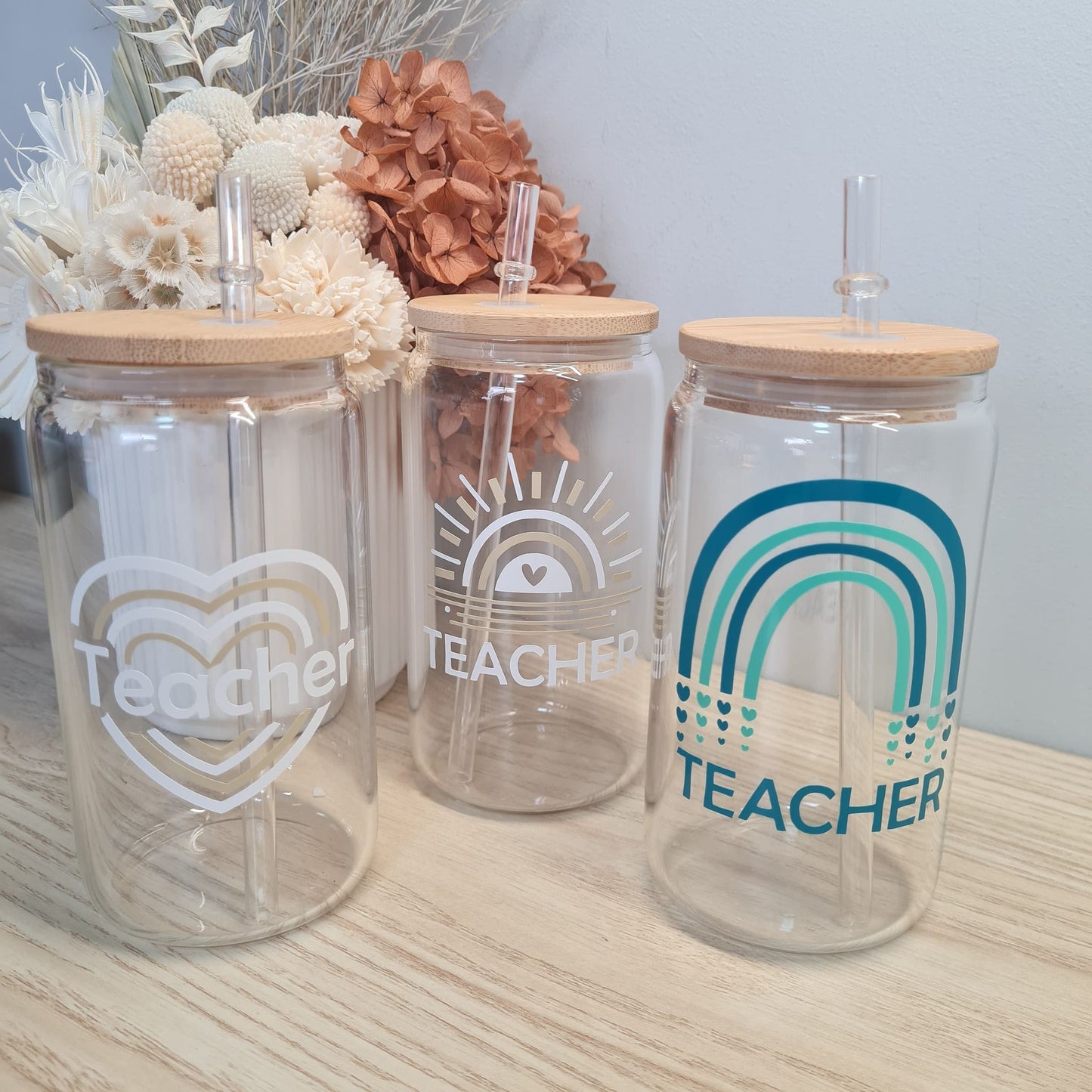 Teacher Rainbow Sun Glass Can with Lid and Straw