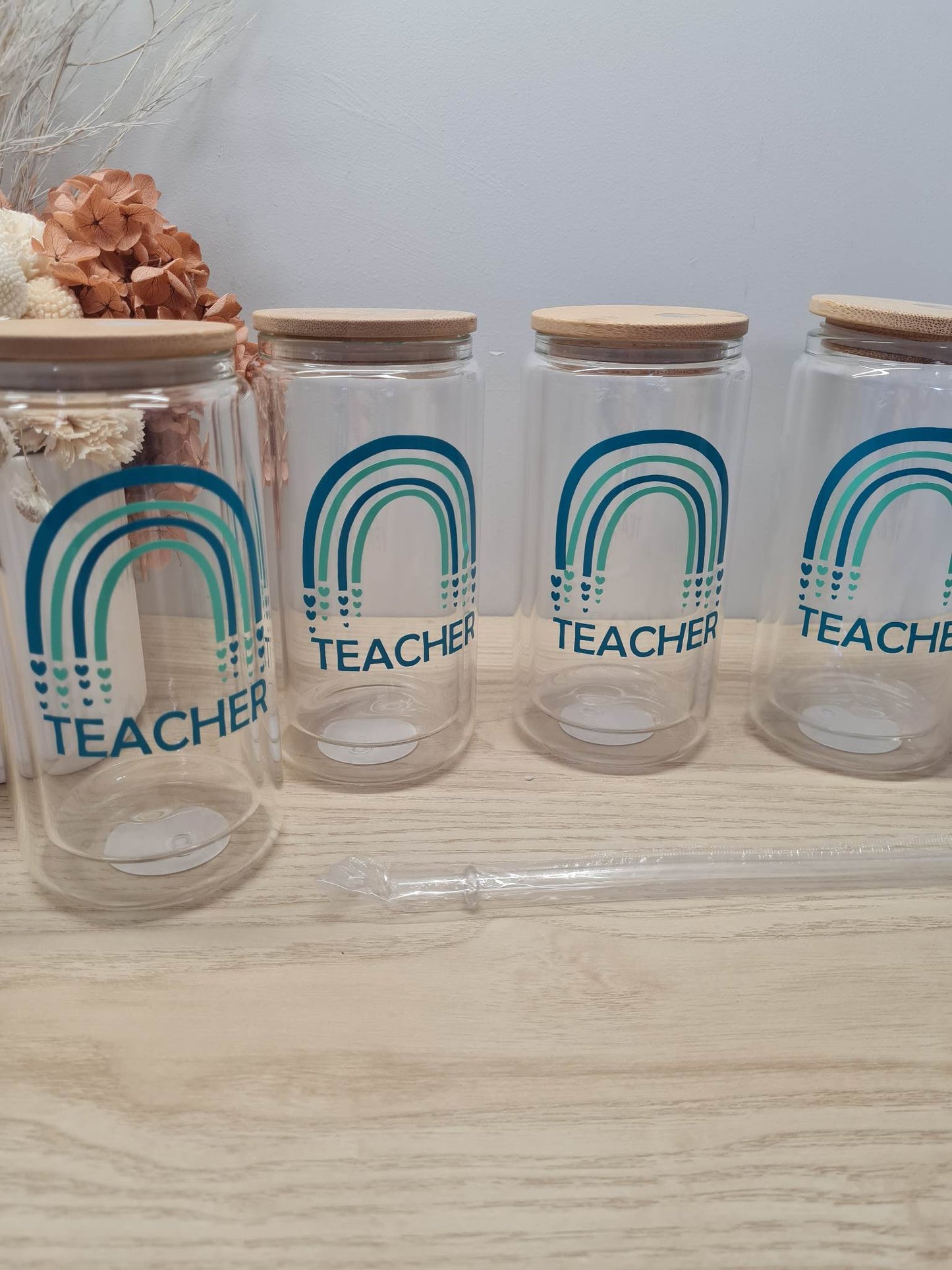 Teacher Rainbow Glass Can with Lid and Straw