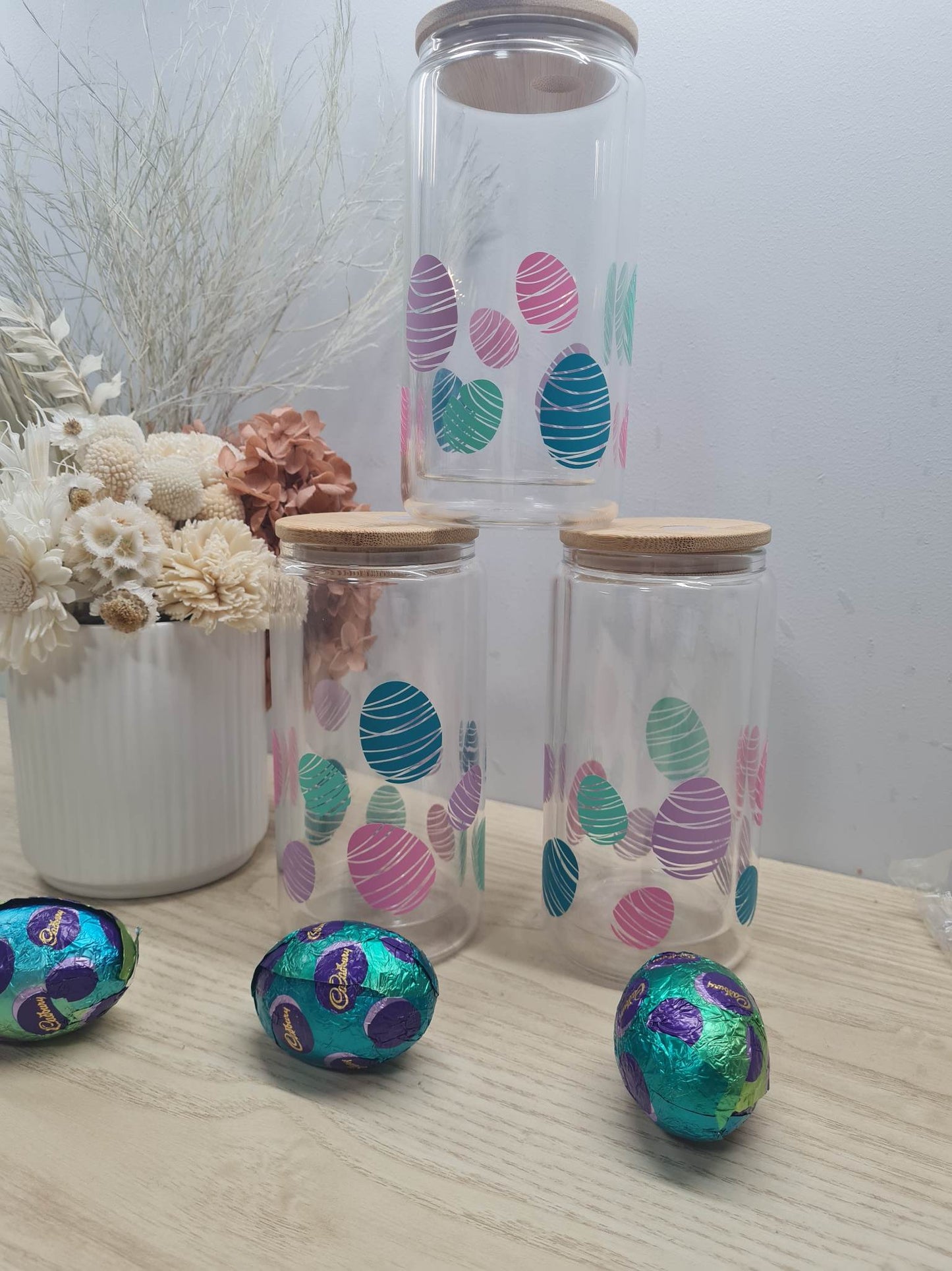 Easter Egg Glass Can with Lid and Straw