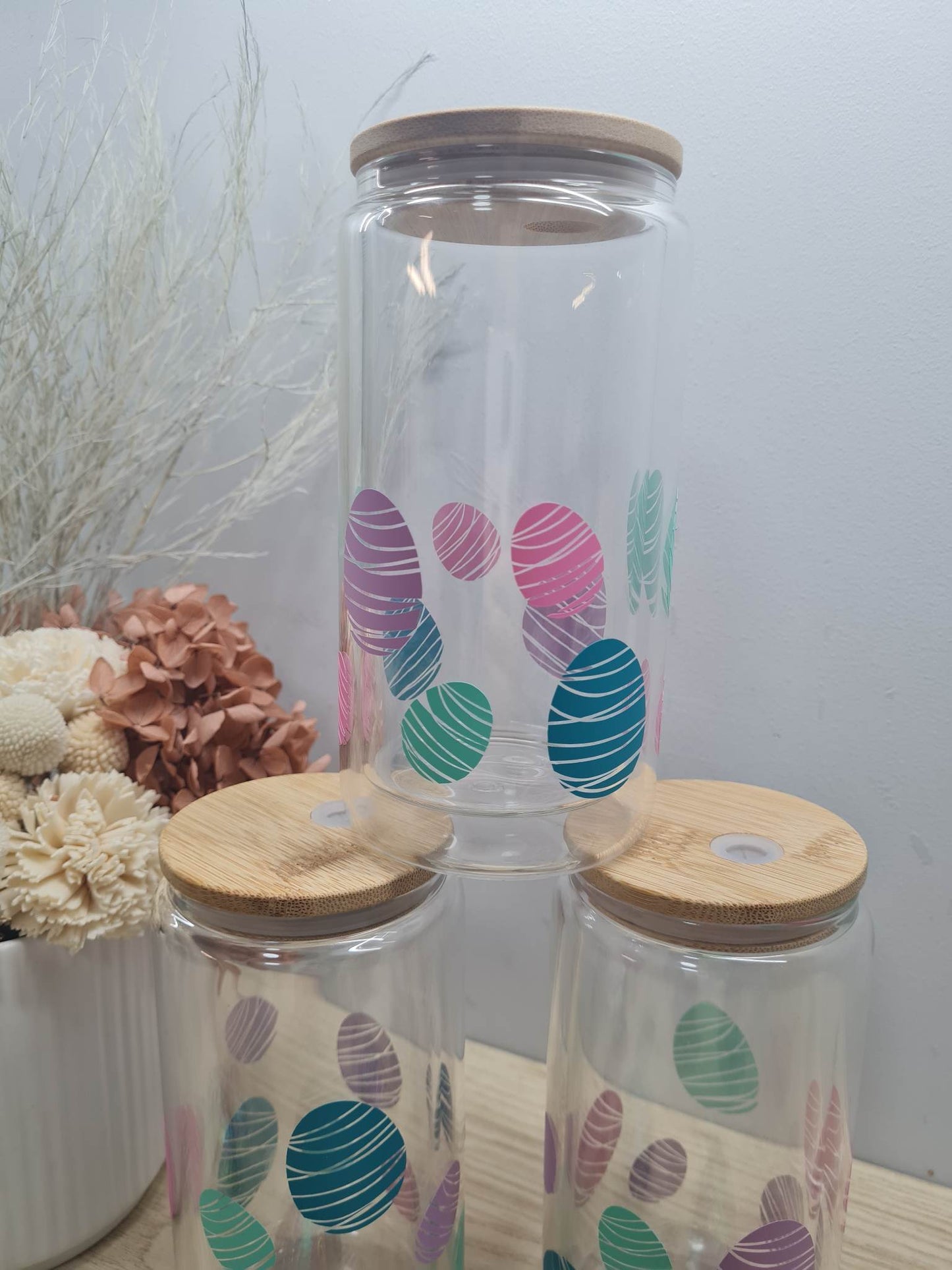 Easter Egg Glass Can with Lid and Straw