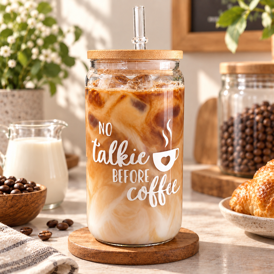 No Talkie Before Coffee Glass Tumbler