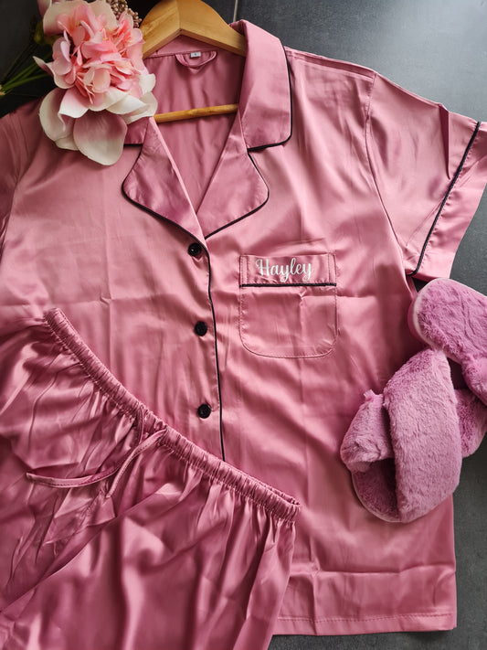 Ladies Satin Short Set PJ's - Dusty Rose Black Piping