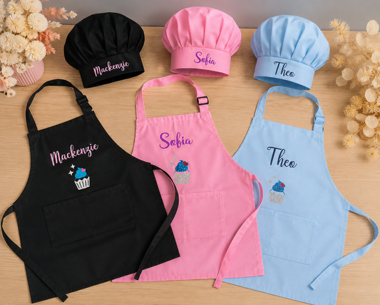 Personalised Kids Apron & Chef Hat Set – Cupcake Design