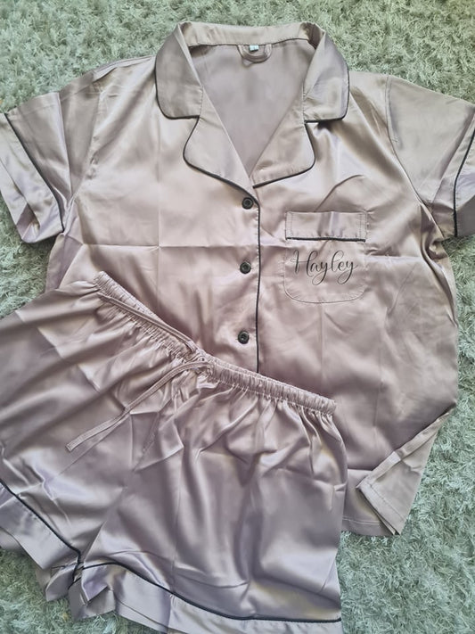 Ladies Satin Short Set PJ's - Taupe