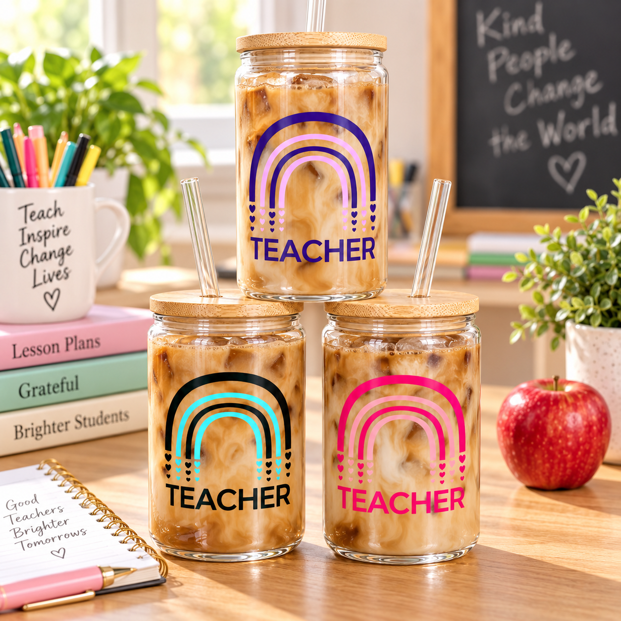 Personalised Rainbow Glass Can with Lid & Straw