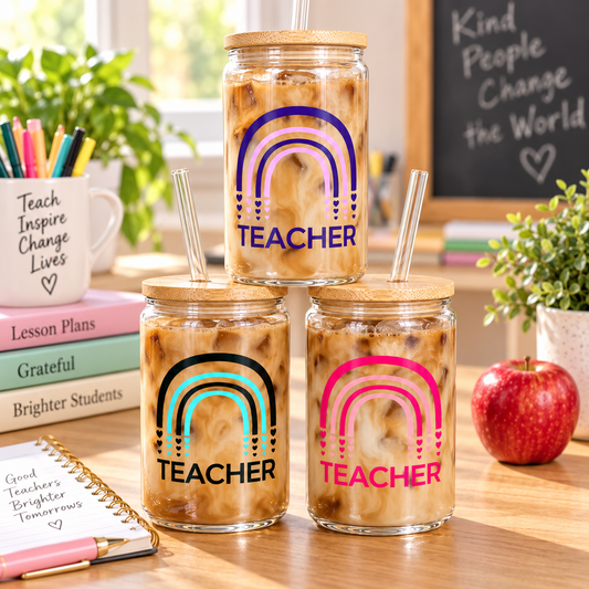 Personalised Rainbow Glass Can with Lid & Straw