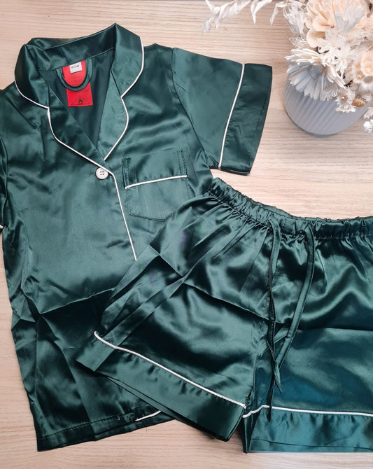 Ladies Satin Short Set PJ's - Evergreen