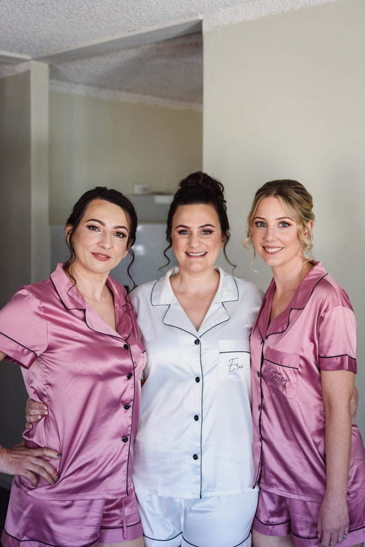 Ladies Satin Short Set PJ's - Dusty Rose Black Piping