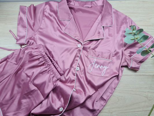 Ladies Satin Short Set PJ's - Dusty Rose White Piping