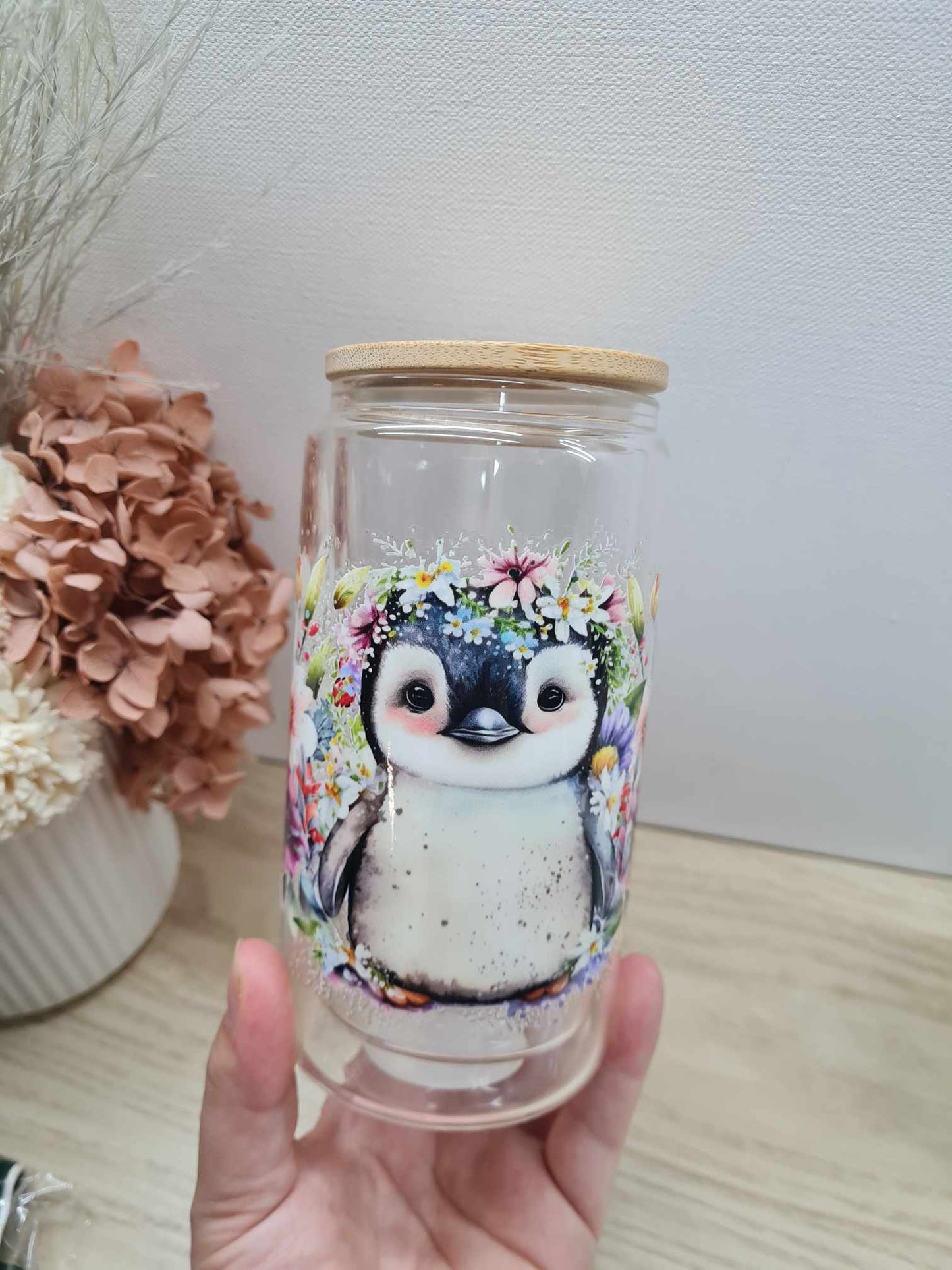 Penguin Glass Can with Lid and Straw