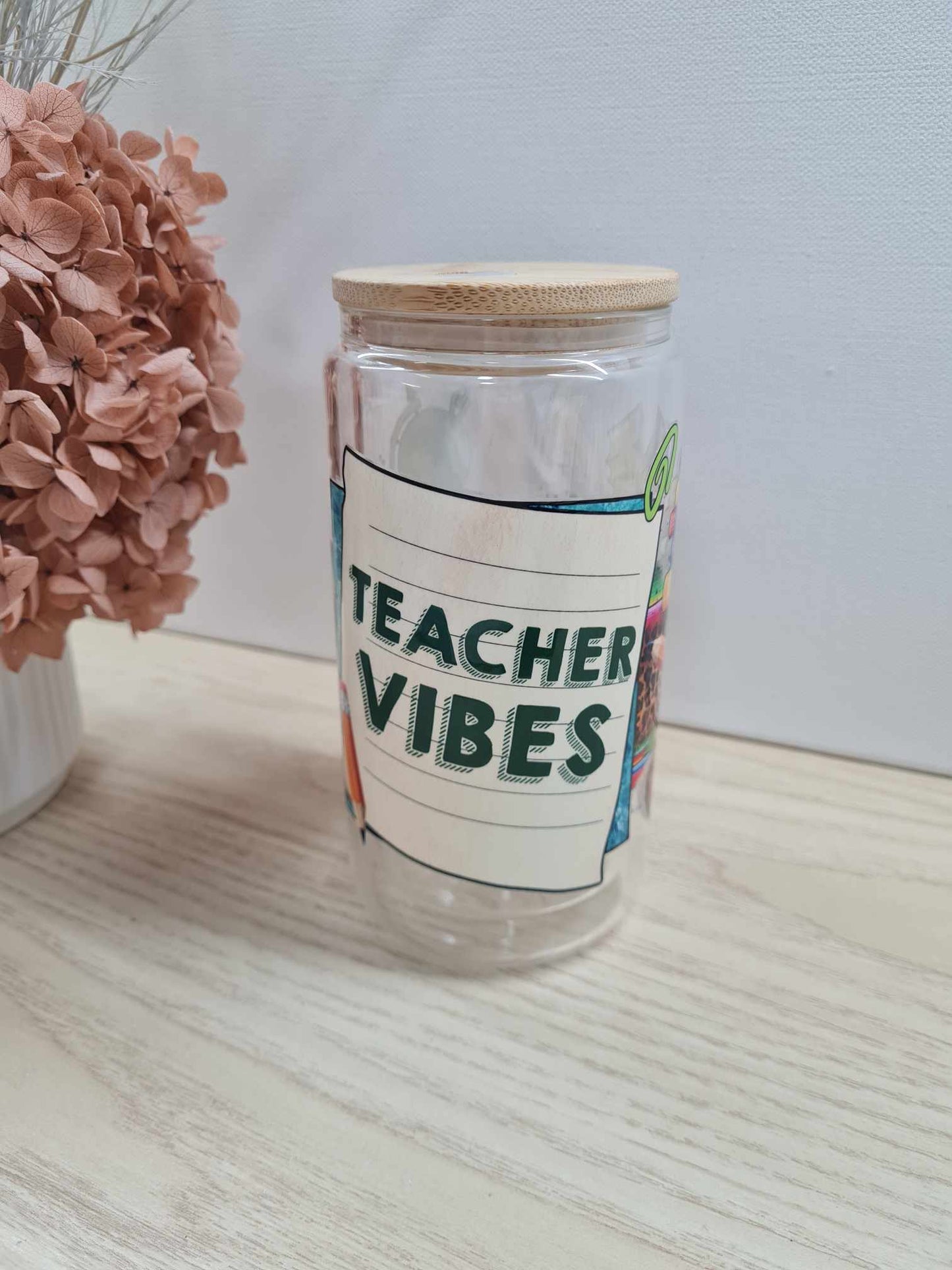 Teacher Vibes Glass Can with Lid and Straw