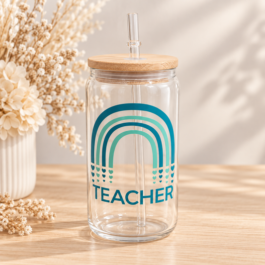 Personalised Rainbow Glass Can with Lid & Straw