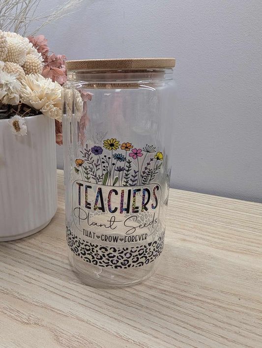 Teachers Plant Seeds Glass Can with Lid and Straw