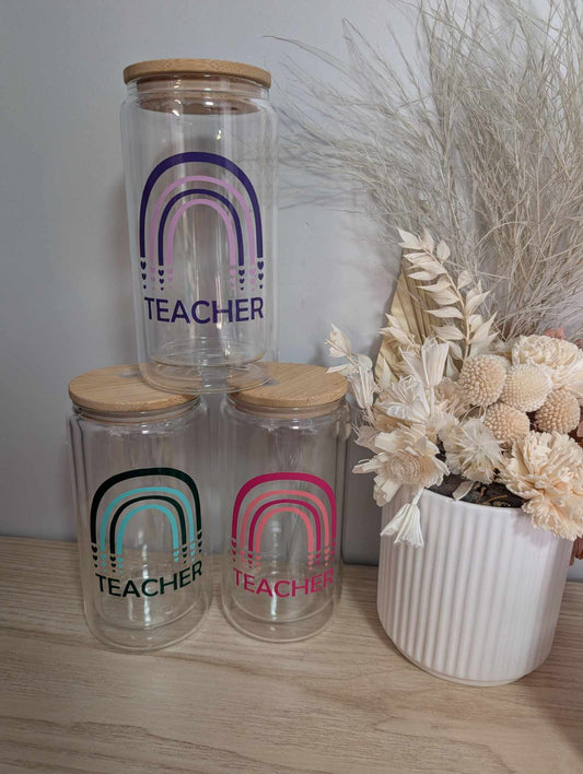 Rainbow - Name Glass Can with Lid and Straw