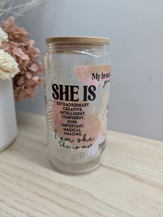 Self Love (She Is) Glass Can with Lid and Straw
