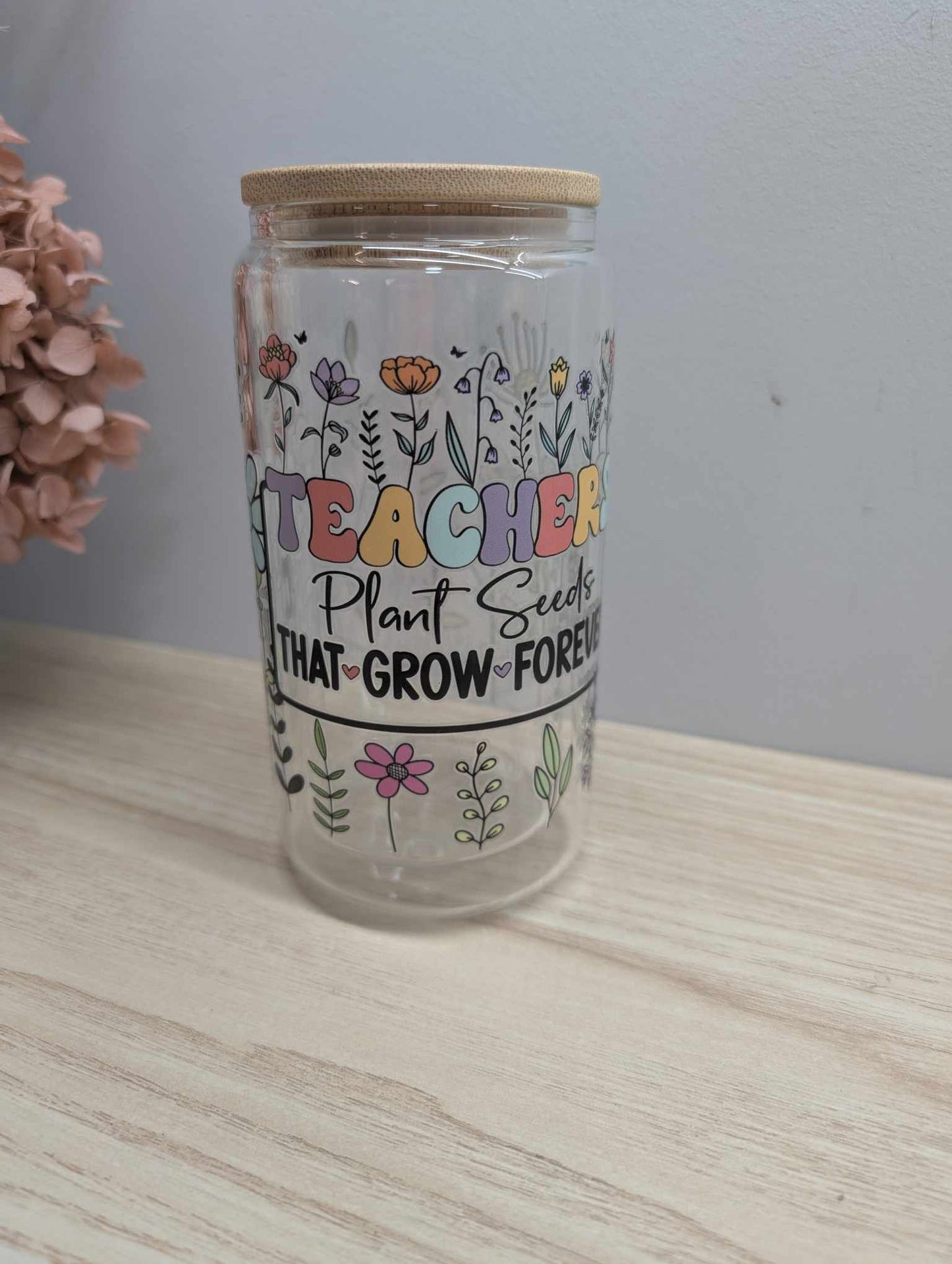 Teachers Plant Seeds Glass Can with Lid and Straw