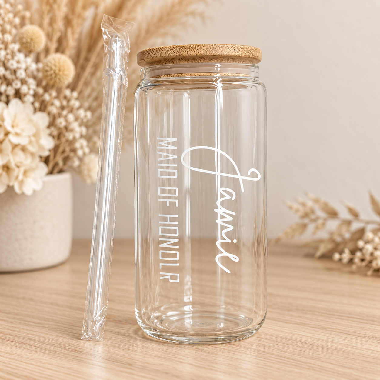 Personalised Bridal Party Glass Can with Lid & Straw