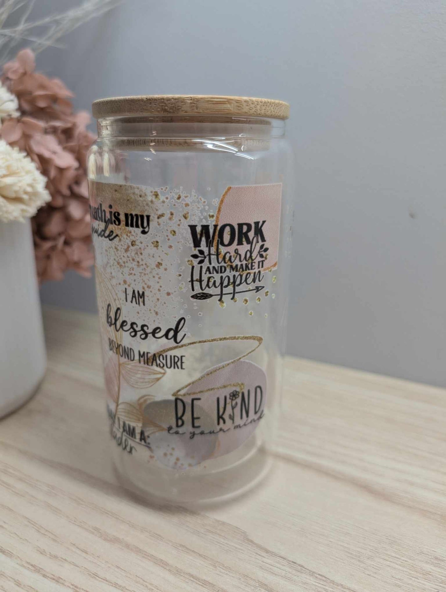 Self Love (She Is) Glass Can with Lid and Straw