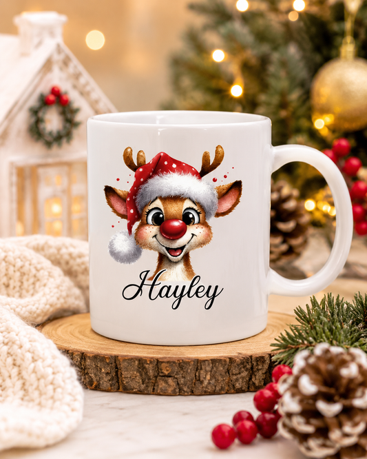 Santa Hat Reindeer Personalised Christmas Mug