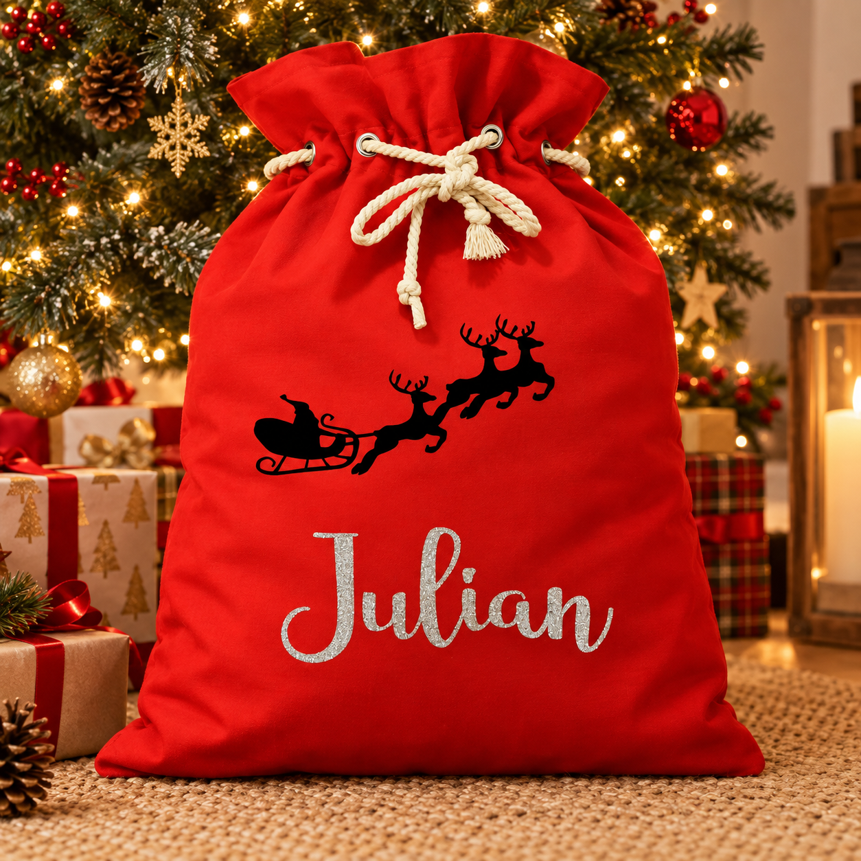 Personalised Santa Sack – Santa & Reindeer Design
