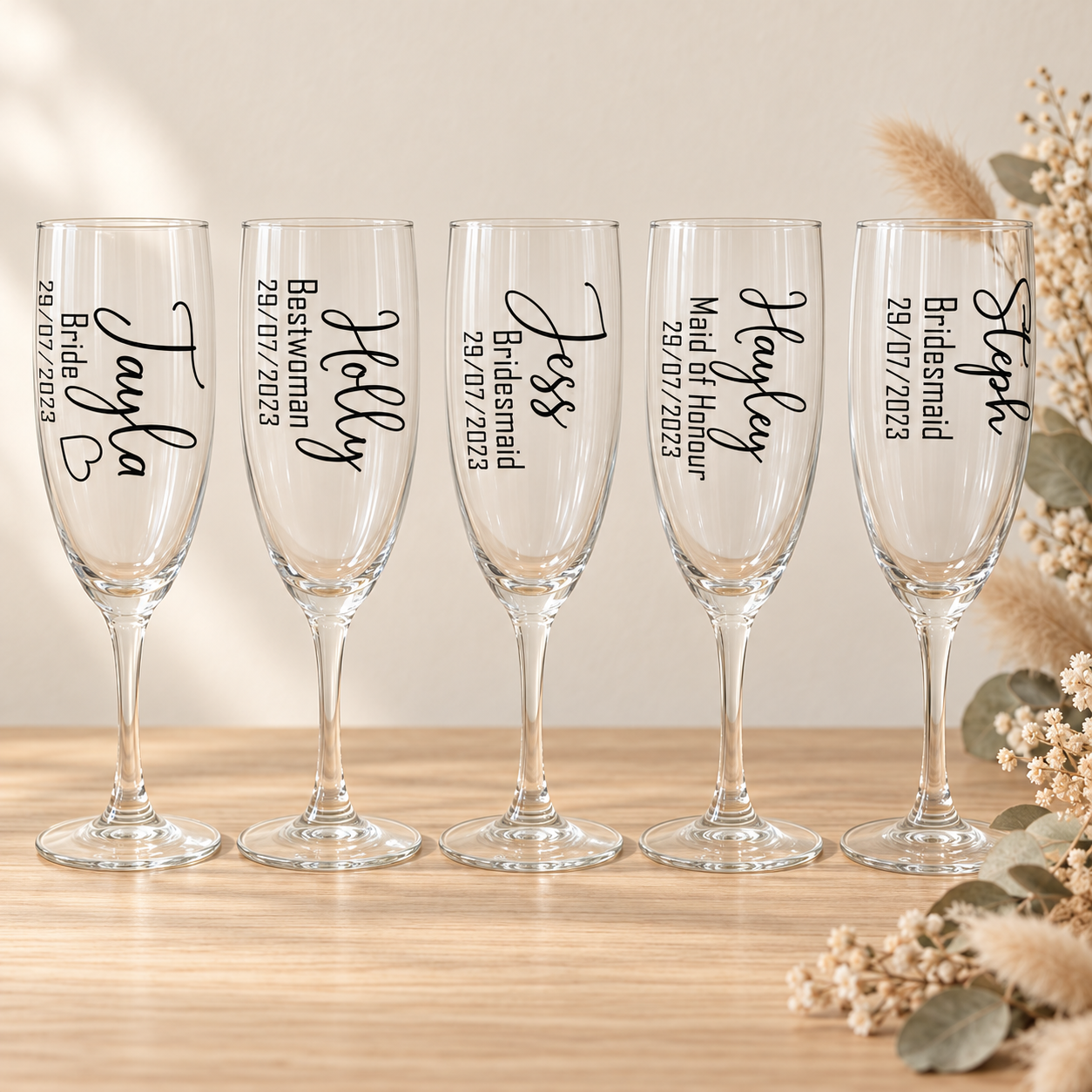 Personalised Bridal Party Champagne Flute – Name, Title & Date