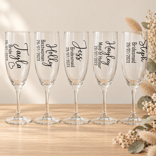 Personalised Bridal Party Champagne Flute – Name, Title & Date