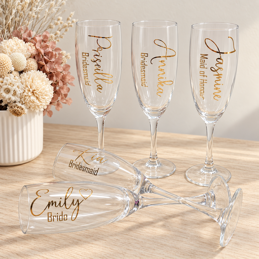 Personalised Bridal Party Champagne Flute – Name, Title & Date