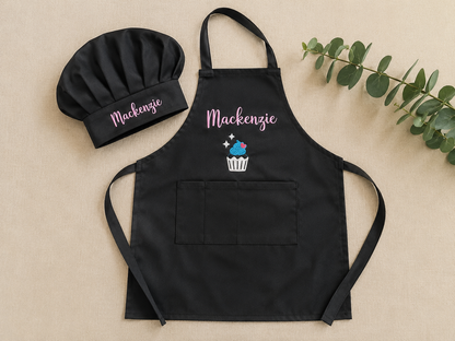 Personalised Kids Apron & Chef Hat Set – Cupcake Design
