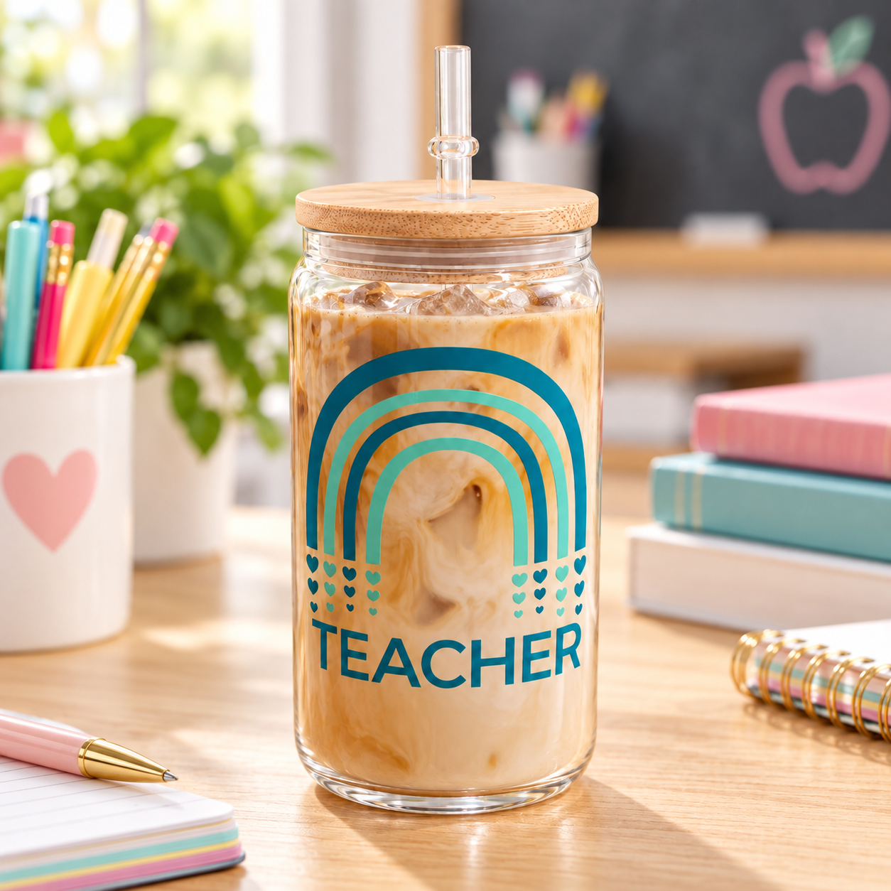Personalised Rainbow Glass Can with Lid & Straw