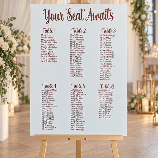 Your Seat Awaits – Six Table Seating Chart