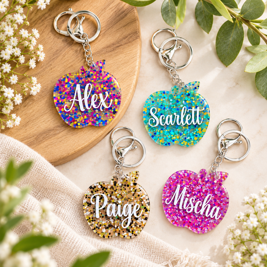 Glitter Apple Personalised Keyring