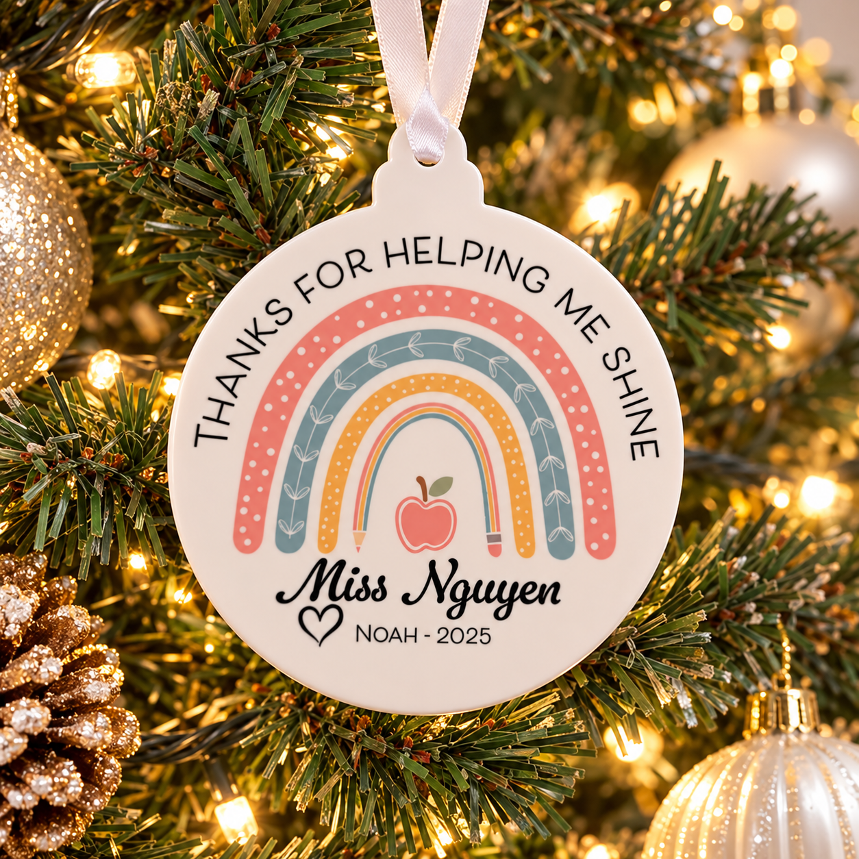 Personalised Helping Me Shine Teacher Christmas Bauble