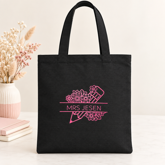 Floral Pencil – Personalised Teacher Tote Bag