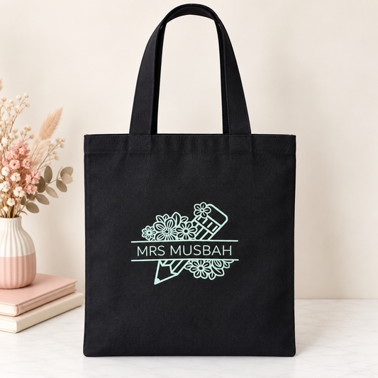 Floral Pencil – Personalised Teacher Tote Bag