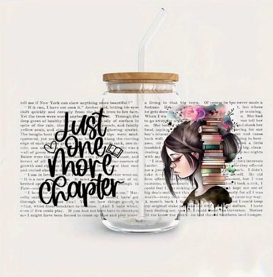 Just One More Chapter Glass Can with Lid and Straw