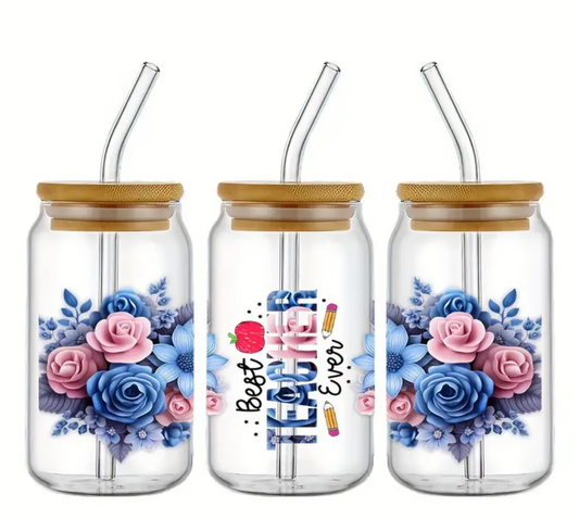 Best Teacher Ever Glass Can with Lid and Straw