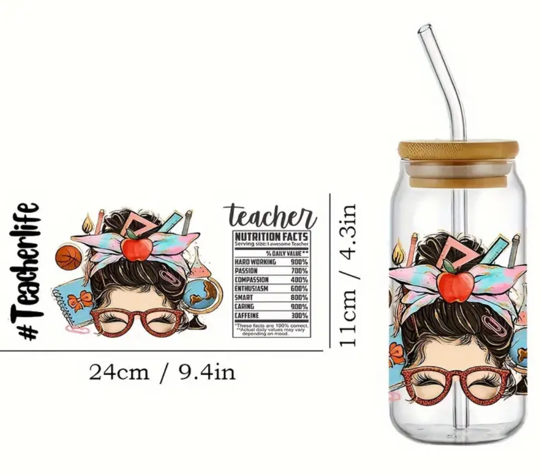 Teacher Nutrition Facts Glass Can with Lid and Straw