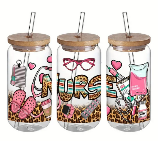 Nurse Glass Can with Lid and Straw