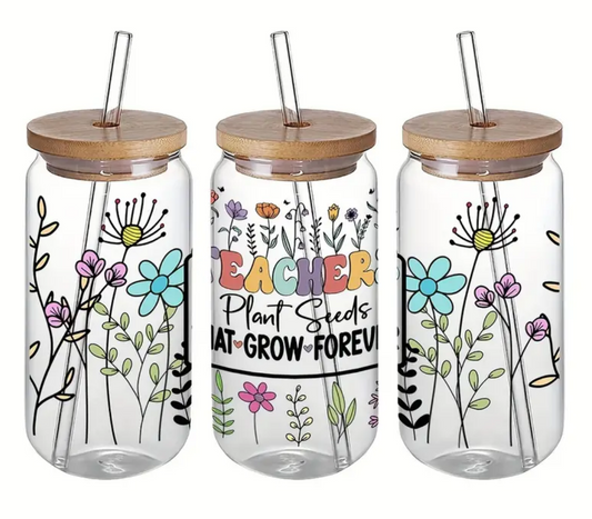 Teachers Plant Seeds Glass Can with Lid and Straw