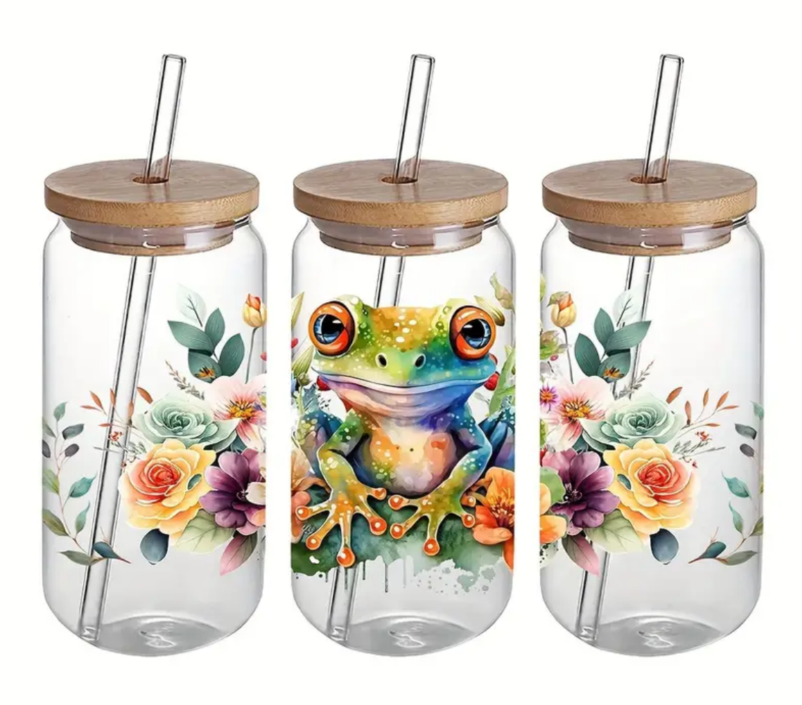 Frog Glass Can with Lid and Straw