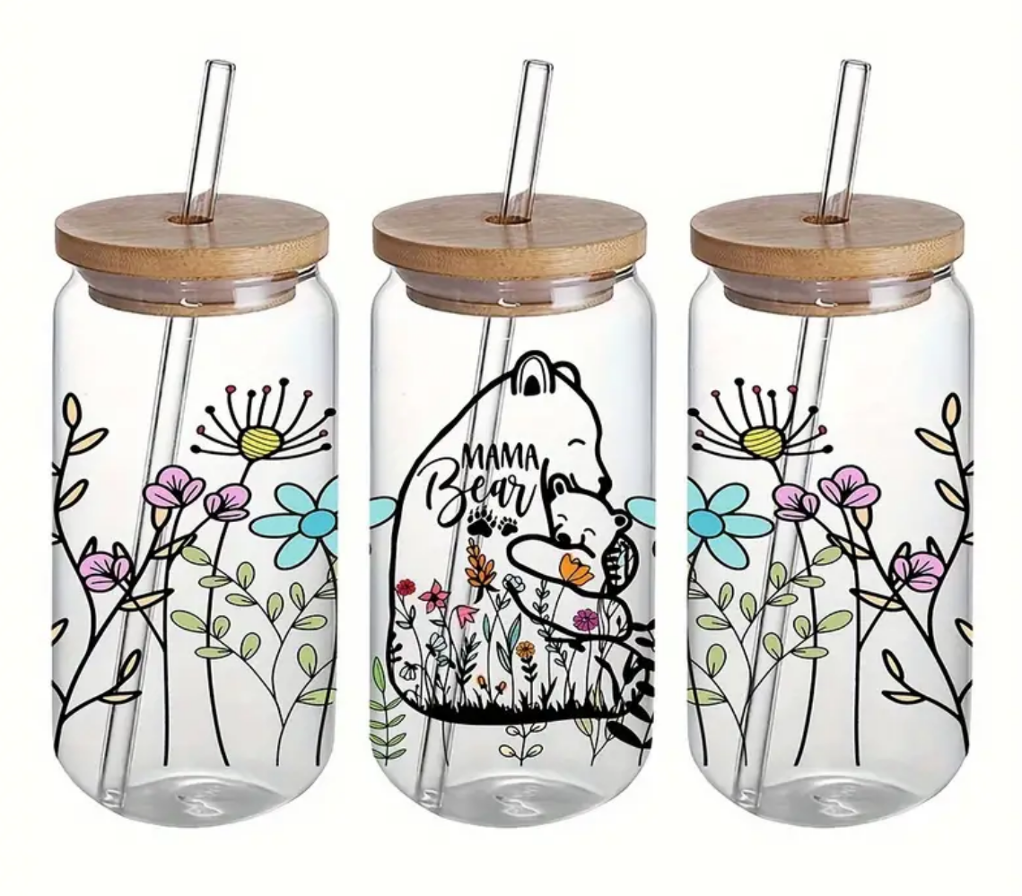 Mama Bear Glass Can with Lid and Straw