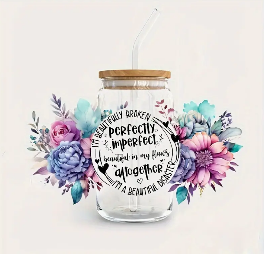 Self Love (Perfectly Imperfect) Glass Can with Lid and Straw