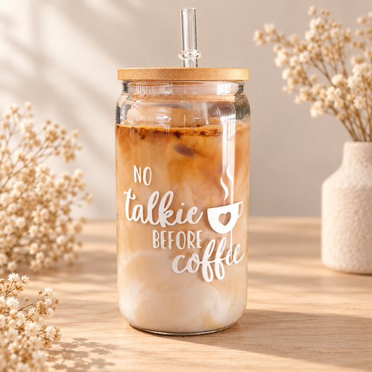 No Talkie Before Coffee Glass Tumbler