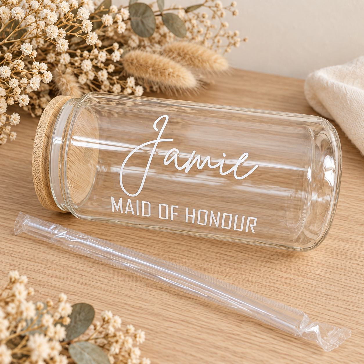 Personalised Bridal Party Glass Can with Lid & Straw